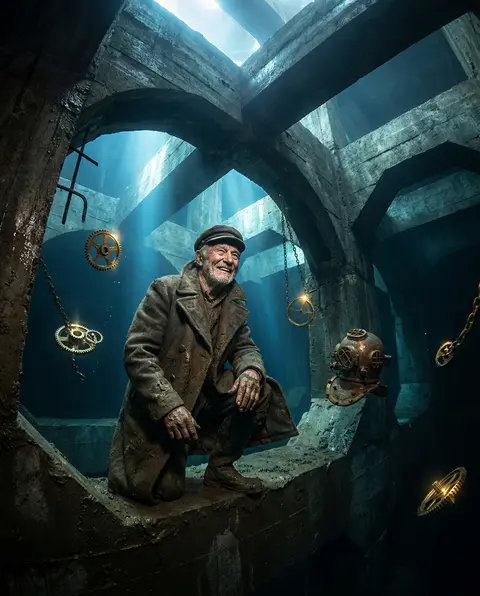 Brutalist concrete render of an elderly fisherman in a sunless underwater abyss, - AI生成图片 3