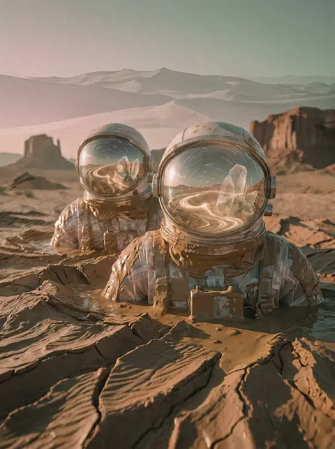 Twin astronaut explorers emerging from wet clay ridgelines in a desert at dawn, - AI生成图片 2