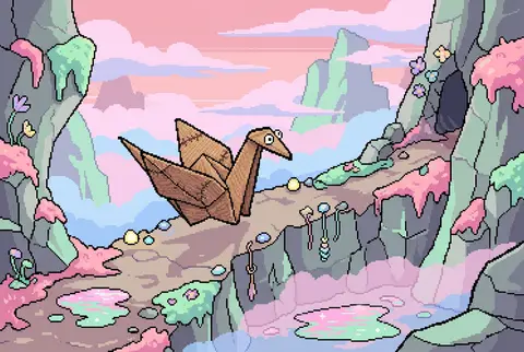 A playful whimsical 16-bit pixel art scene of a living origami paper crane with - AI生成图片 3