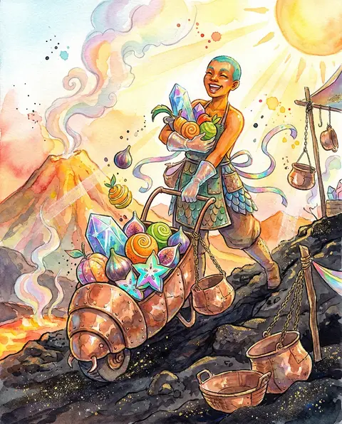A jubilant watercolor storybook scene of a fruit vendor with a shaved teal scalp - AI生成图片 3