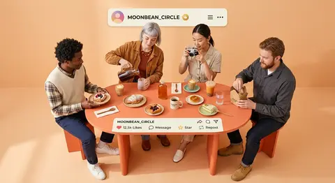 俯视广角、无缝影棚时尚广告摄影，一幅高度概念化的社交分享主题画面：四名二十岁出头的都市创意人围坐在一张被设计成短视频平台发布页面的椭圆形珊瑚橘色桌台旁，整体视觉 - AI生成图片 4