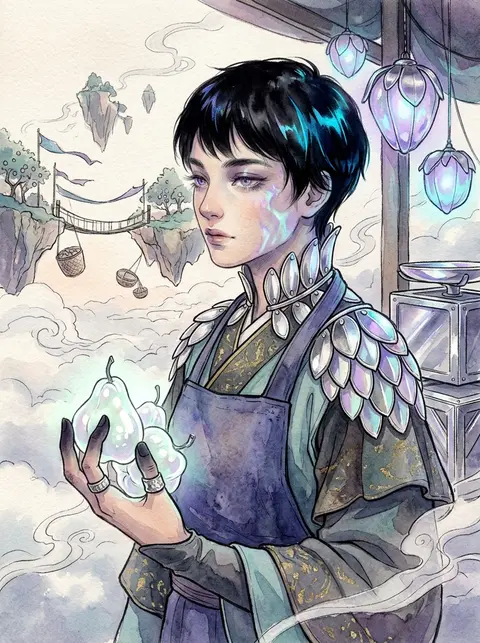 storybook watercolor illustration of a hush-filled fruit stall keeper on a suspe - AI生成图片 3