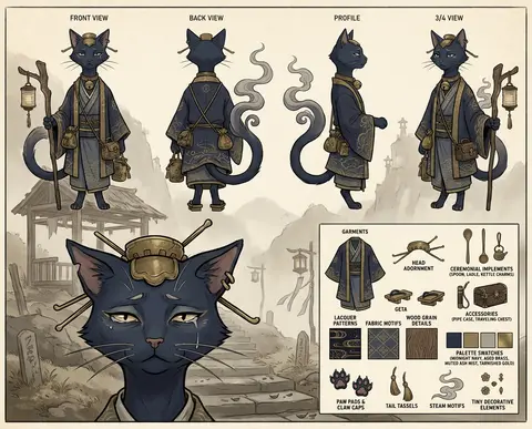 official character concept sheet of a tea-house cat spirit, mournful yet dignifi - AI生成图片 2