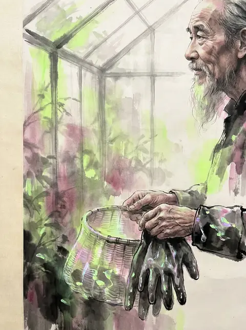 elderly fisherman in a sunlit greenhouse, quiet intimate atmosphere, traditional - AI生成图片 2