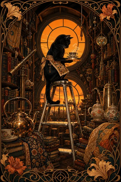 An intimate, quiet art nouveau poster of a dignified tea-house cat perched atop - AI生成图片 2