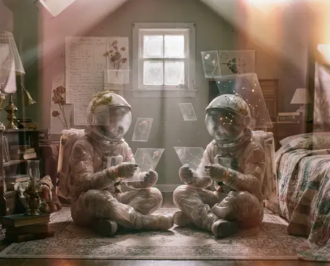Twin astronaut explorers suspended inside a cozy cluttered attic library, render - AI生成图片 2