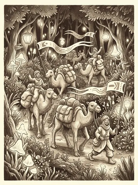 Joyful desert caravan gliding through a bioluminescent night forest, clay-rimmed - AI生成图片 3