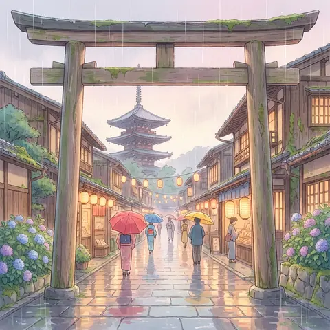 A serene rainy day in a traditional Japanese town, with a temple street leading - AI生成图片 3