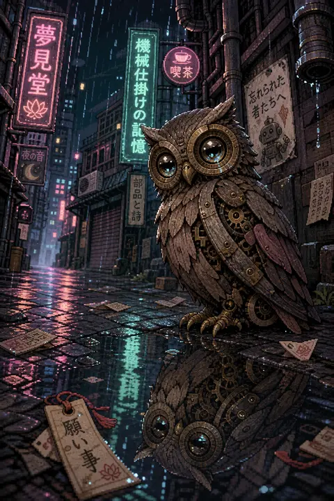 A solitary clockwork owl assembled from weathered driftwood and tarnished brass - AI生成图片 2
