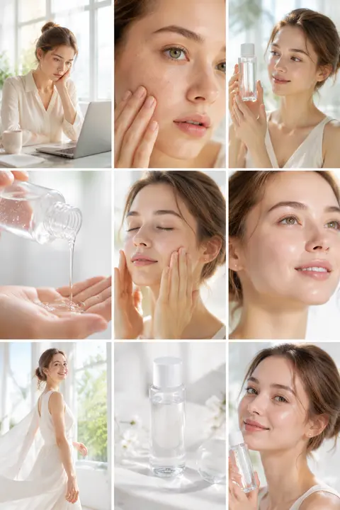 Create a clean, bright skincare commercial storyboard in a 16:9 layout with 9 pa - AI生成图片 1