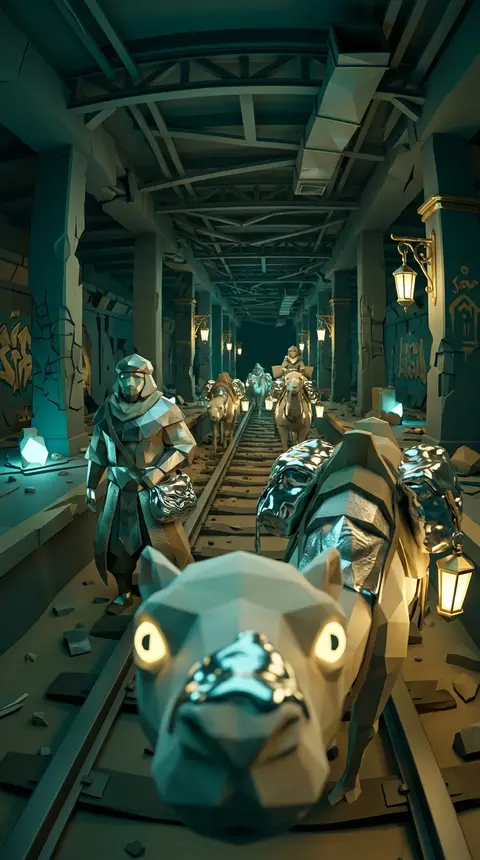 A playful desert nomad caravan crossing an abandoned subway platform, low-poly 3 - AI生成图片 2