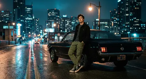 A cinematic night photograph on a dimly lit urban overpass overlooking a glowing - AI生成图片 1