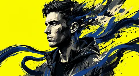 A bold, high-contrast digital portrait of Kieran Vale, a young man shown in left - AI生成图片 3