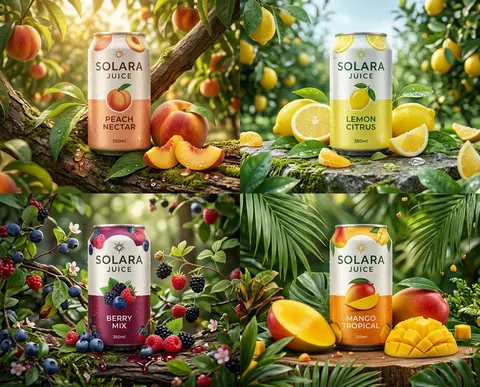 Create an ultra-premium 2x2 four-panel fruit-juice can campaign poster for a sel - AI生成图片 2