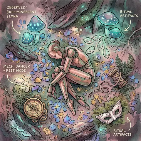 Top-down flat lay of a bioluminescent night forest clearing arranged like a ritu - AI生成图片 4