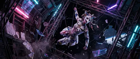 Masked carnival acrobat suspended inside a derelict orbital space station, crack - AI生成图片 1