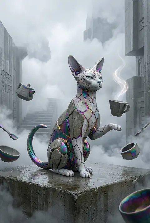 A poised tea-house cat with elongated ears and a crescent-shaped tail perches in - AI生成图片 3