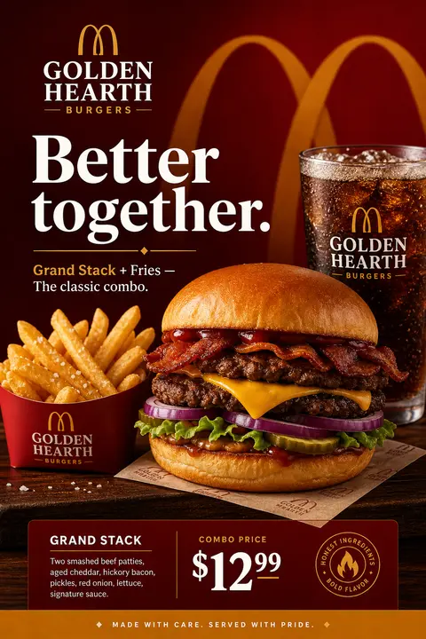 Create a clean, high-quality advertisement for **Golden Hearth Burgers**. Use a - AI生成图片 2