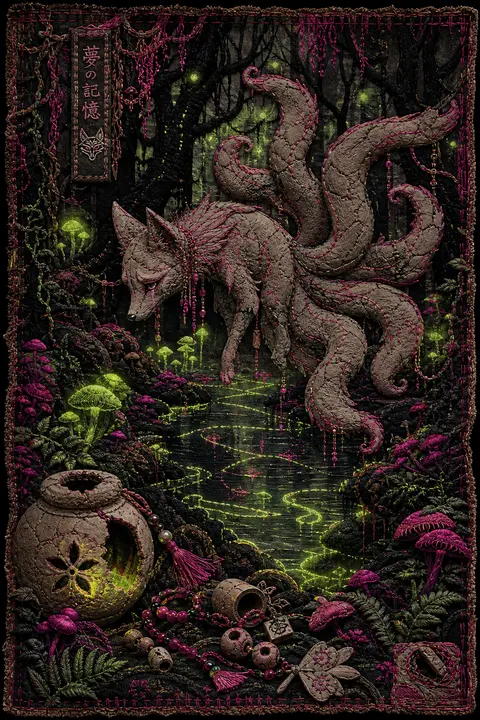 A sorrowful nine-tailed fox spirit drifts through a bioluminescent night forest, - AI生成图片 1