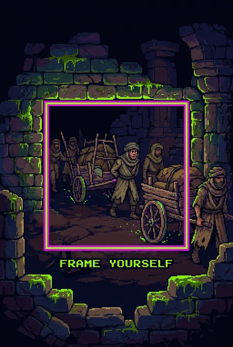 16-bit pixel art of a tense desert nomad caravan moving through ancient moss-cov - AI生成图片 1