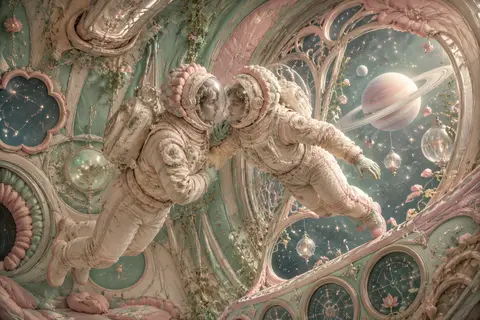Twin astronaut explorers drifting through a hushed orbital conservatory, mirrore - AI生成图片 3