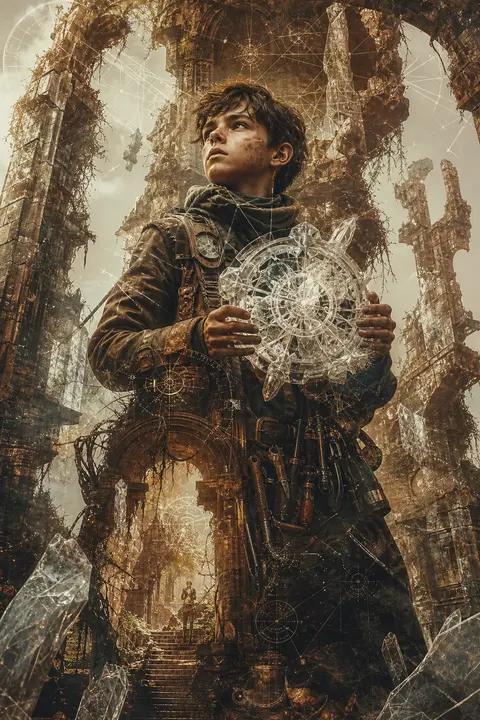 A monumental double-exposure campaign tableau centered on a young tinkering inve - AI生成图片 2