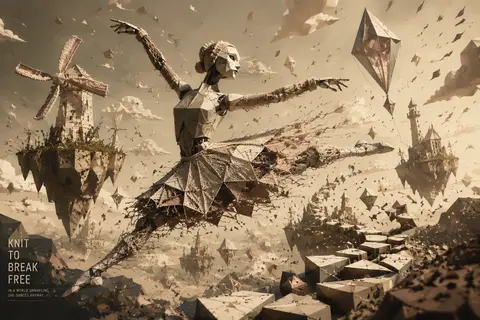 low-poly 3D render of a robotic ballet dancer leaping across floating sky island - AI生成图片 2