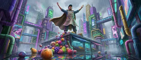 一位传奇般的果市摊主立于暴雨中的未来巨城高架集市中央，仿佛统御整片霓虹峡谷；摊位与货箱全部由柔软毛毡塑形，奇异果实像发光陨石般堆叠翻涌，圆润纤维表面吸附雨珠，折 - AI生成图片 1