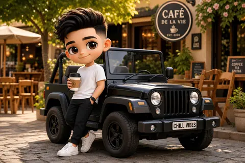 A cute 3D chibi-style character leaning against a parked mini chibi Jeep, wearin - AI生成图片 2
