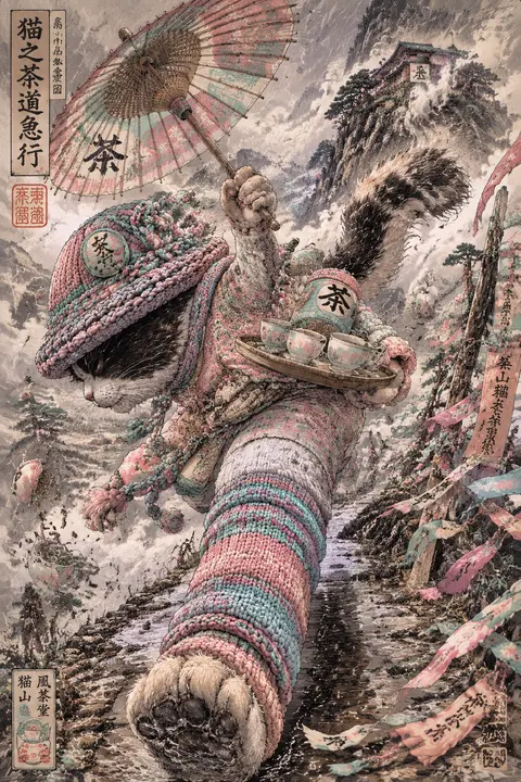 a whirlwind tea-house cat racing through a fog-drowned mountain pass, captured i - AI生成图片 3