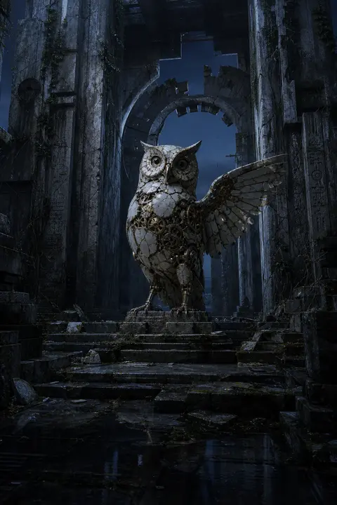 A melancholic nostalgic composition centered on a clockwork owl standing atop fr - AI生成图片 2