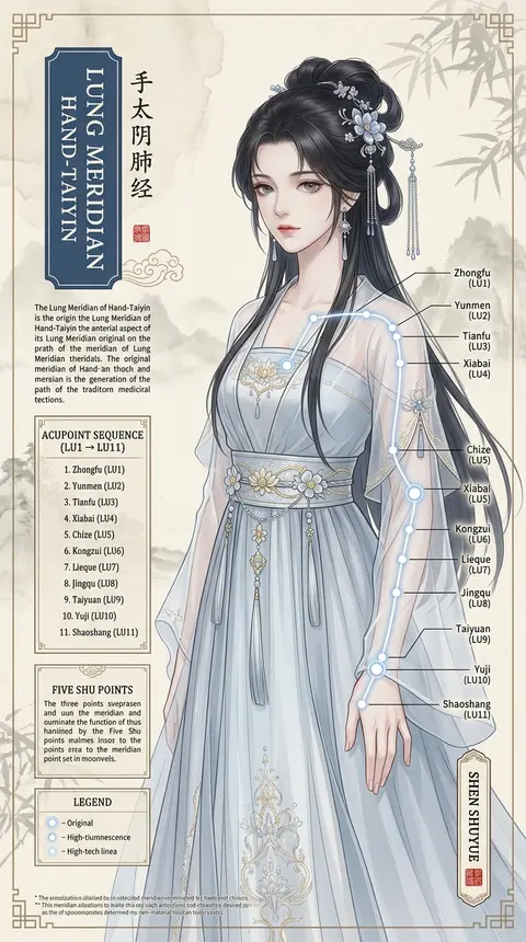 一张超精细竖版东方古风医学插画海报，主题为“手太阴肺经”，将中医经络图谱与唯美国风二次元人物设定融合呈现。主体为虚构角色“沈疏月”——一位气质清冷的年轻医门女子 - AI生成图片 1