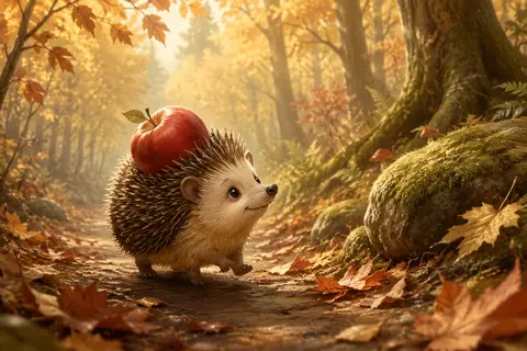 Иллюстрация для детской книги: маленький ёжик Тилли Брамбл шагает по осеннему ле - AI生成图片 1