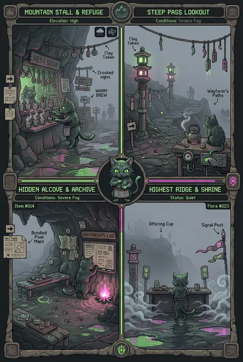 An intimate, quiet 16-bit pixel art scene set on a fog-drowned mountain pass at - AI生成图片 2