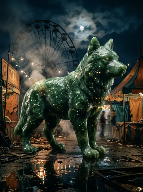 carved jade wolf formed from constellations, tense midnight carnival, double-exp - AI生成图片 1