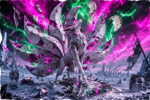 超现实摄影拼贴风格，狂躁而充满爆发力的画面中央，一只神话般的九尾狐灵昂首立于冰封荒原，身躯由裂纹密布的瓷器拼接而成，断面锋利，反光诡异，九条巨尾像碎裂的扇刃般向 - AI生成图片 3