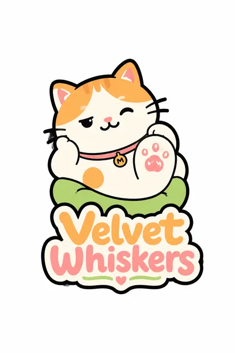 一个圆润且极具辨识度的卡通猫咪标志形象，主角设定为虚构品牌 `Velvet Whiskers` 的吉祥物“米洛奶爪”，以简洁几何轮廓构成，神态灵动，带一点慵懒松 - AI生成图片 1