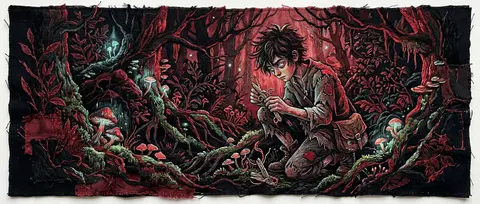a young tinkering inventor in a bioluminescent night forest, half-hidden among w - AI生成图片 1