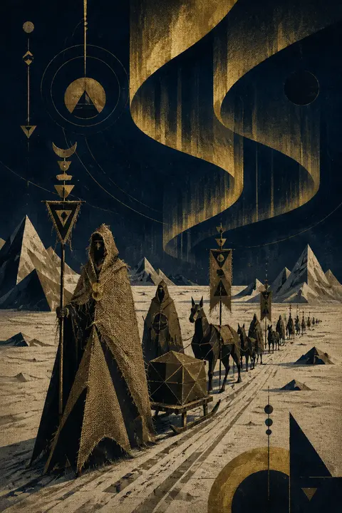 A cryptic procession of hooded desert wayfarers and angular pack-beasts crossing - AI生成图片 1