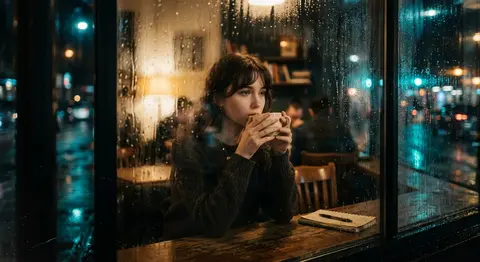 A cinematic, moody 35mm-style photograph of Elara Voss, a wistful young novelist - AI生成图片 2