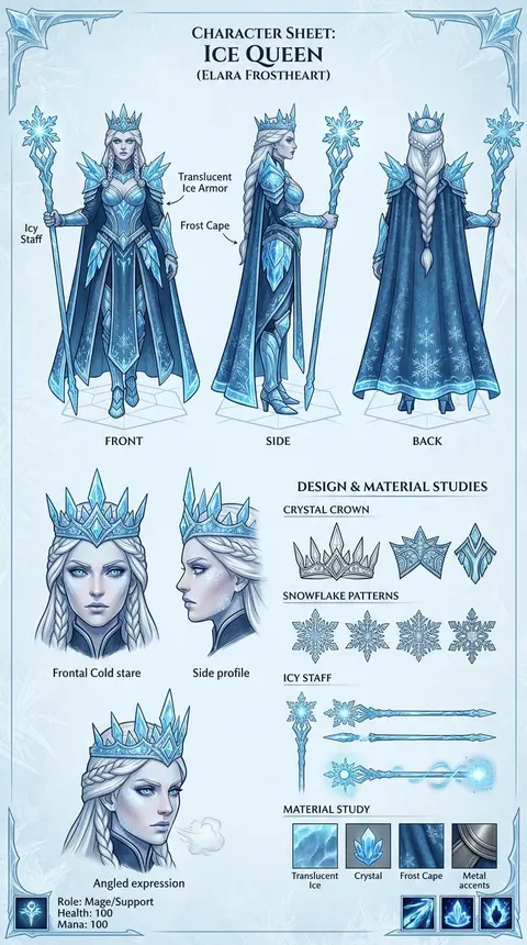 Ice QueenCreate a detailed character sheet of an Ice Queen for a fantasy MOBA. F - AI生成图片 1