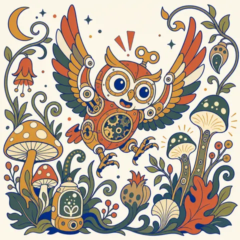 Minimalist vector doodle illustration of a clockwork owl in a bioluminescent nig - AI生成图片 1