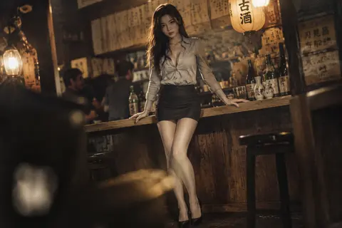 一位名为雾岛纱夜的东亚女性伫立在温暖昏暗的日式居酒屋中，拥有精致椭圆脸、利落V形下颌与近乎无瑕的瓷白肌肤，肤面呈现超写实细节：细微毛孔、自然纹理、柔润油亮的水光 - AI生成图片 2