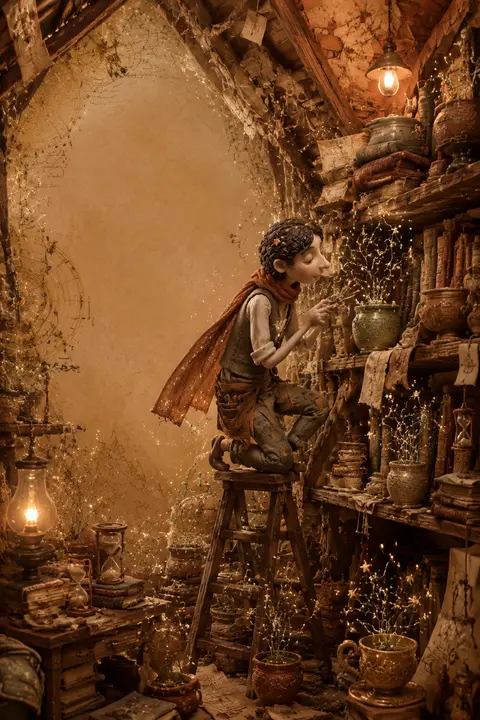 Vertical 9:16 poster, a celestial gardener in a cramped attic library kneeling a - AI生成图片 1