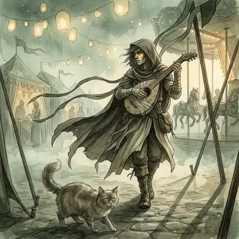 At a midnight carnival under swaying lantern constellations, a wandering street - AI生成图片 2