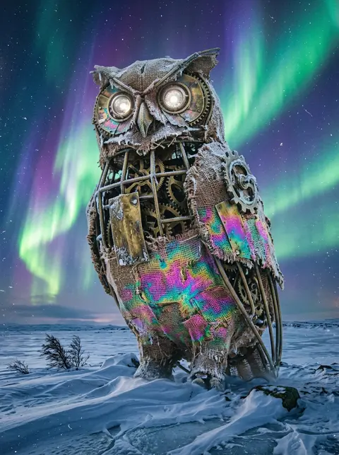 A colossal clockwork owl forged from rough burlap and tarnished brass rises on a - AI生成图片 1
