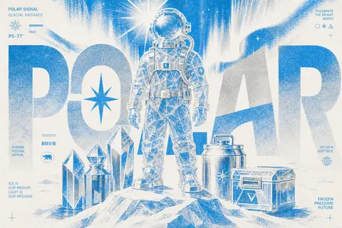 一幅大胆重构的竖版视觉海报：在极昼般明亮的冰原上，一位深海潜行者站立于发光雪脊中央，身穿由半透明霜晶拼接而成的潜水装备，圆形头盔折射出银蓝色日辉，呼吸管与金属扣 - AI生成图片 1