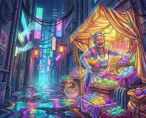 A radiant cyberpunk neon illustration of a jubilant fruit vendor in a rain-drenc - AI生成图片 2