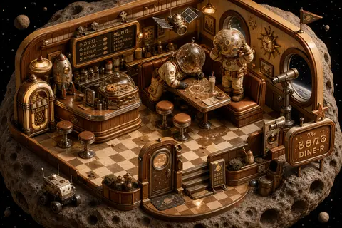 isometric miniature scene of twin astronaut explorers sharing a booth inside a w - AI生成图片 1