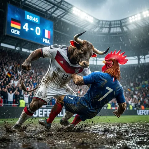 A surreal, high-intensity football match unfolds in a rain-drenched stadium wher - AI生成图片 4